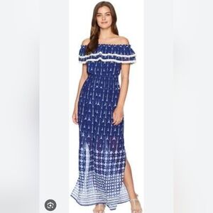 Miss Me Blue and White Off/On Shoulder Maxi Dress, Size Large
